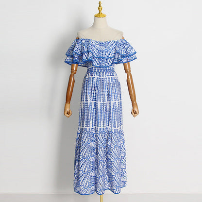 Long Dress Women'S Autumn New Double Ruffle Neck Embroidered Cutout Long Dress