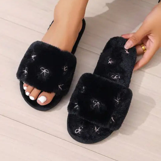 Bow Embroidered Plush Soft Slippers