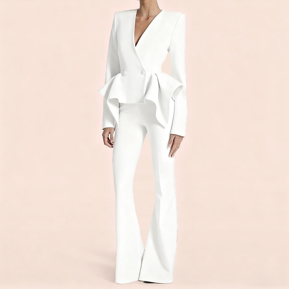 Ruffled Design Slim Fit Jacket And Palazzo Pants Set
