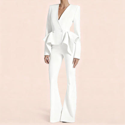 Ruffled Design Slim Fit Jacket And Palazzo Pants Set