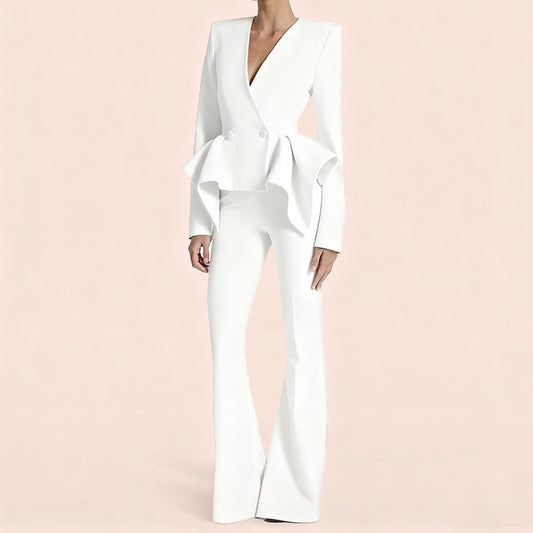 Ruffled Design Slim Fit Jacket And Palazzo Pants Set