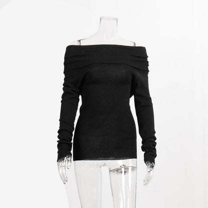 Off-Shoulder Knitted Top Slim Fit Solid Color Long Sleeve Pullover