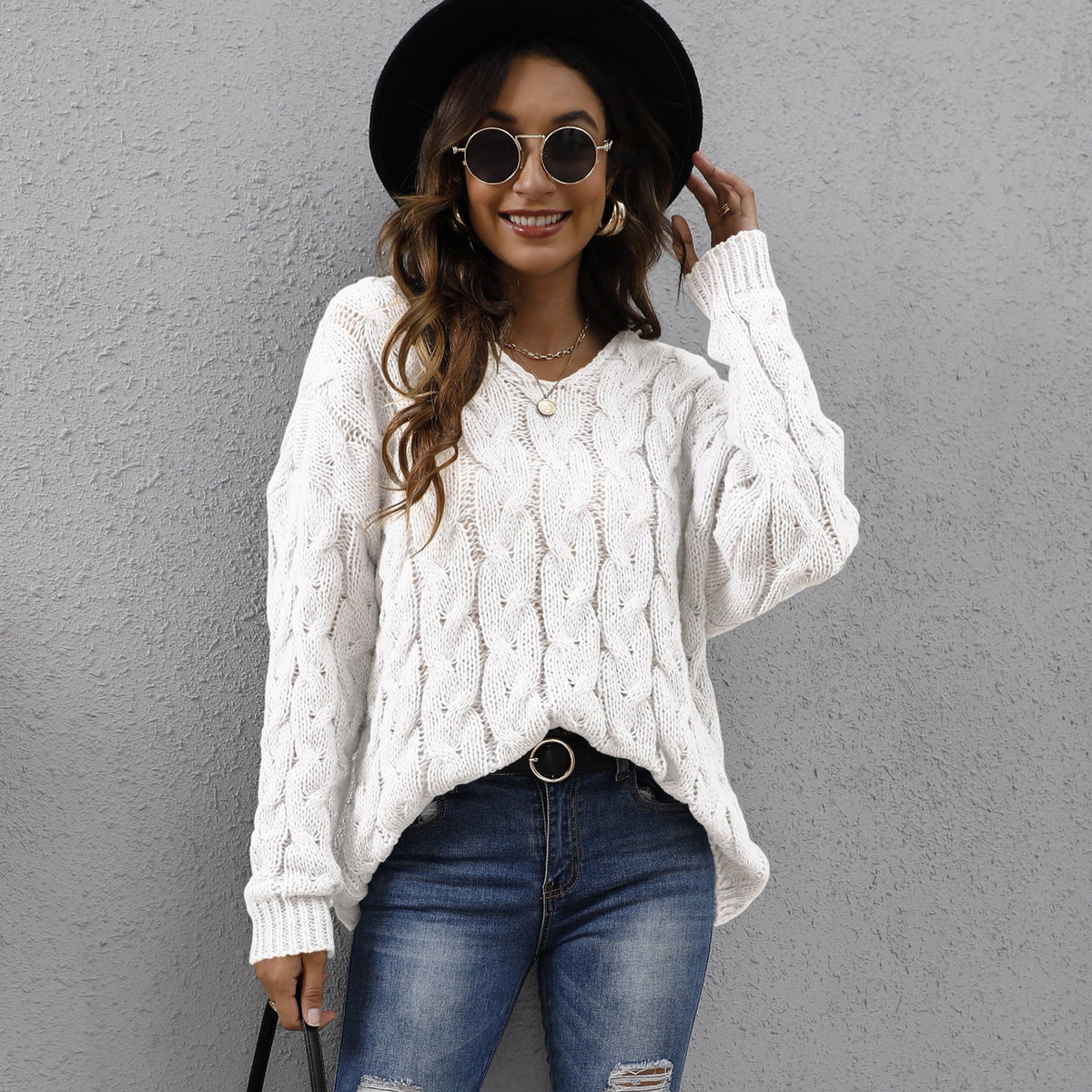 Fashionable Chunky Knit V-Neck Hoodie Sweater For Women
