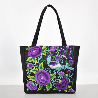 Ethnic Style Embroidered Shoulder Bag With Large Capacity Women'S Tote Bag, Canvas, National Style Peony Handbag, Shopping Bag