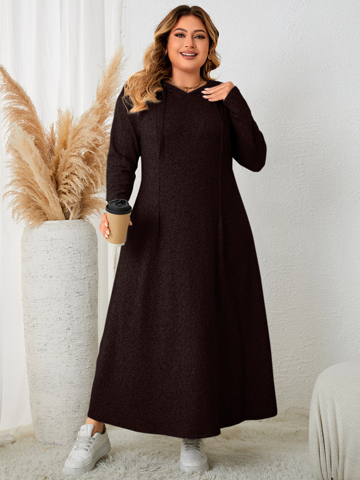 Casual Hooded Plus Size Dress Floral Print Polyester Elegant A-Line