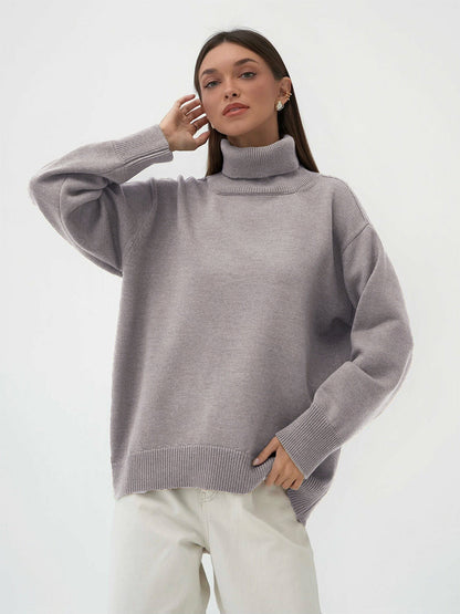 High Neck Knitted Sweater for Women Classic Solid Color Casual Pullover