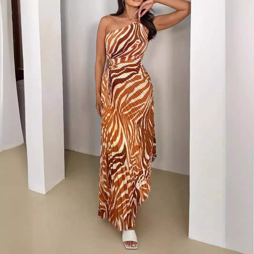 Asymmetrical Shoulder Floral Print Pleated Maxi Dress
