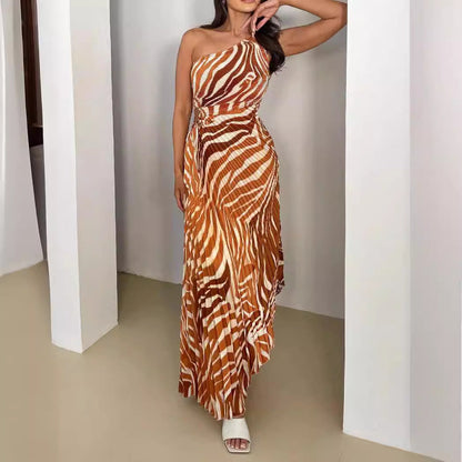 Asymmetrical Shoulder Floral Print Pleated Maxi Dress
