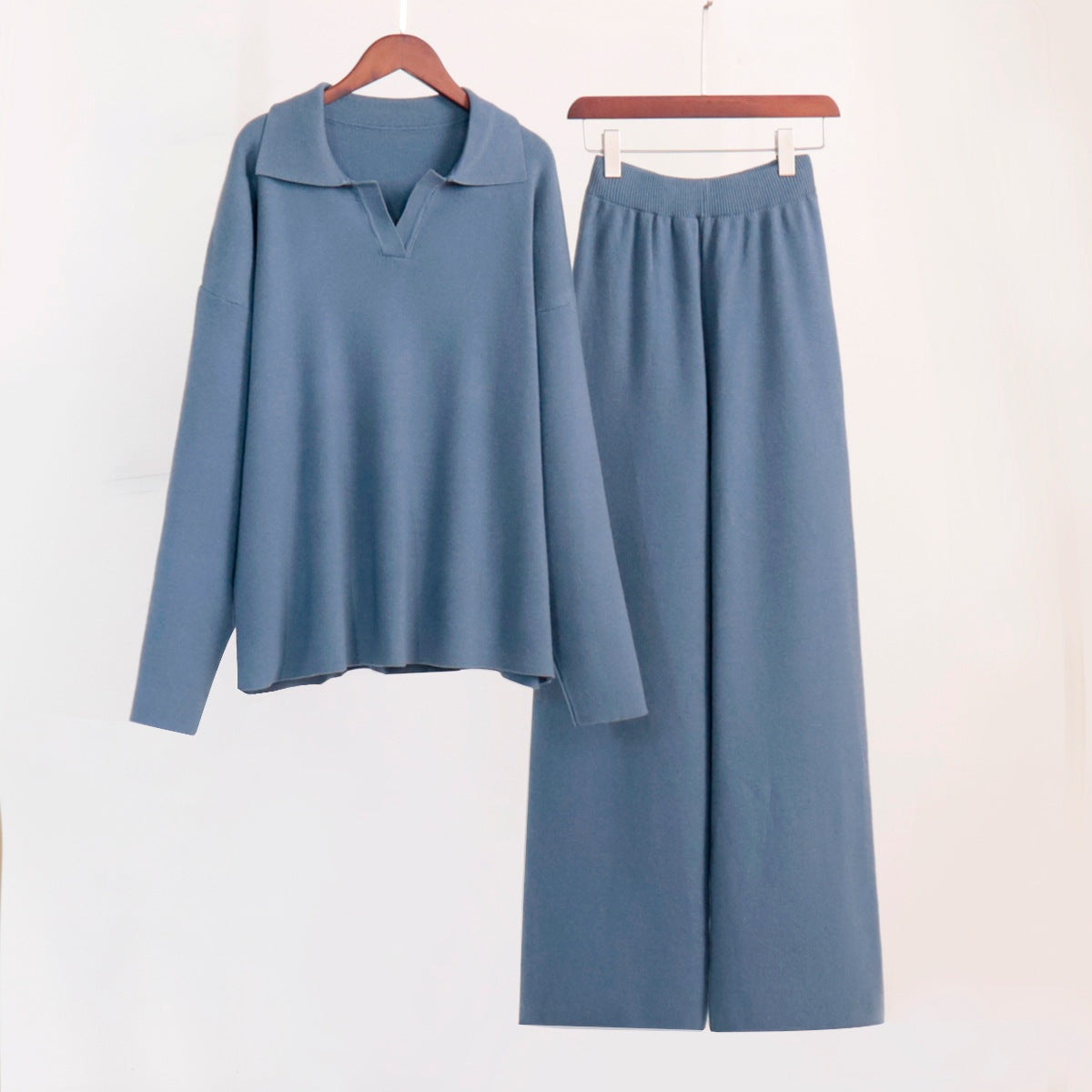 Knitted Two-Piece Set Polo Neck Sweater and Wide Leg Pants