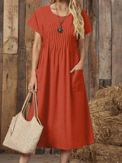 Women'S Clothing Long Dress New Solid Color Round Neck Pocket Pleated Short Sleeve Cotton And Linen Dress