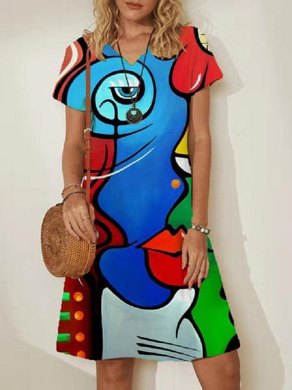 The Pop-Up Face Print V-Neck Short-Sleeve Floral Colorful Women'S Boho Dress