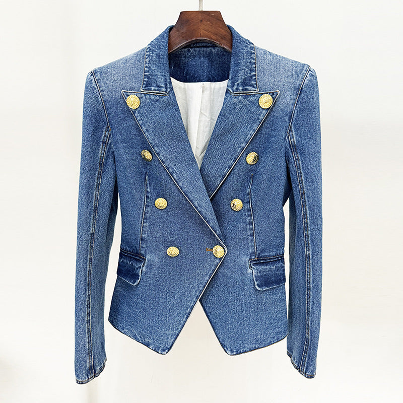 Trendy Tailored Double-Breasted Denim Blazer