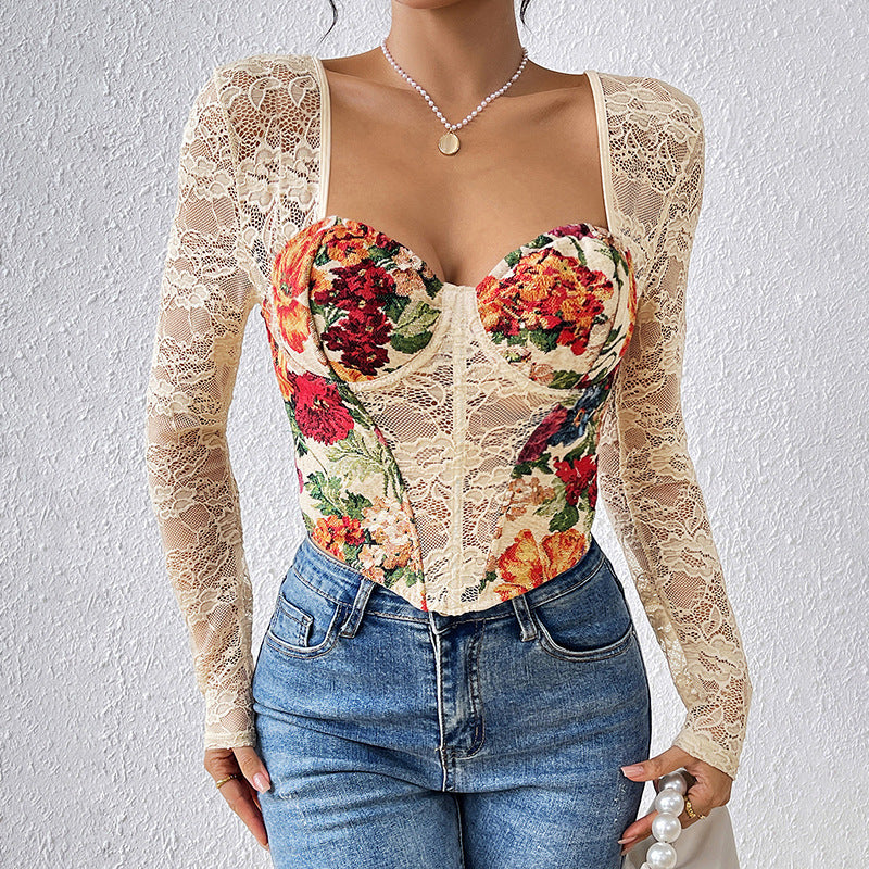 Vintage French Style Sexy Lace Insert Long Sleeve Top