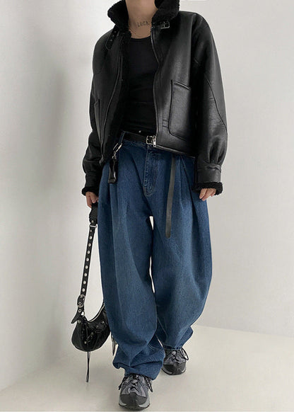 Faux Leather Aviator Jacket With Shearling Collar