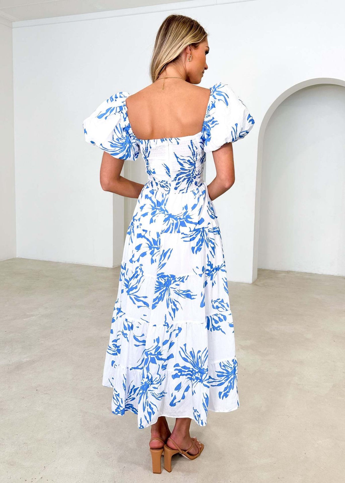 Floral Backless Puffy Sleeves Long Dress