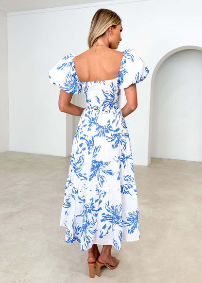 Floral Backless Puffy Sleeves Long Dress