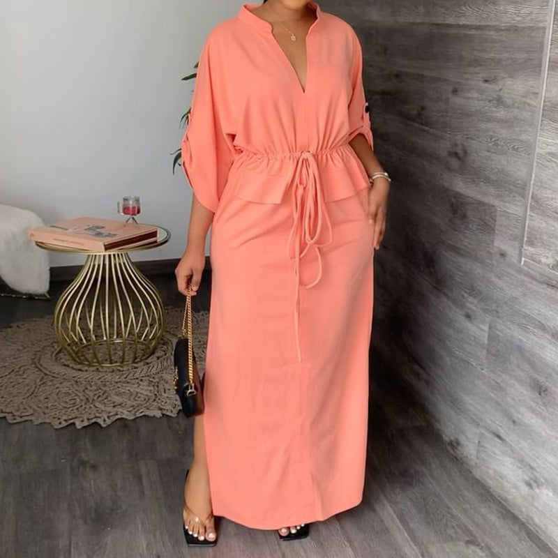 Women'S Casual Fashion Stand-Up Collar Split Length Dress Solid Color Dress