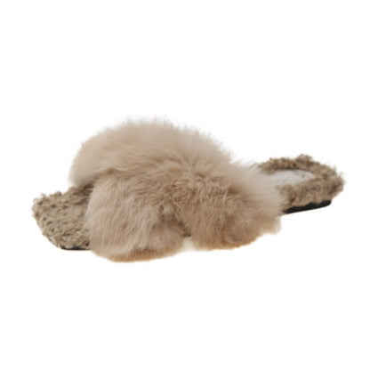 Simple Open Toe Cross Faux Fur Warm Slippers