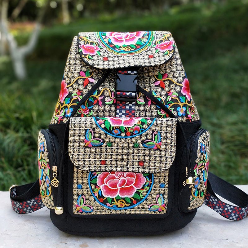 New Embroidery Bag Ethnic Style Bag Women'S Large Capacity Canvas Backpack Travel Bag Fabric Art