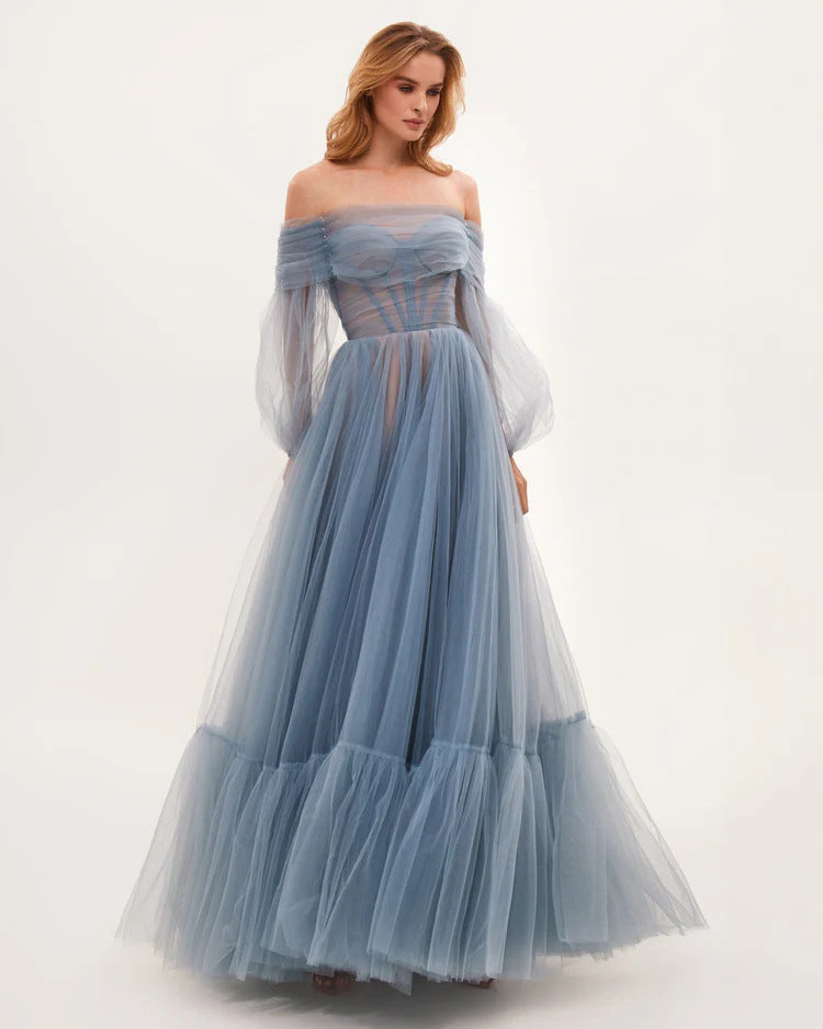 Elegant Off-The-Shoulder Mesh Long Sleeve Wedding Dress