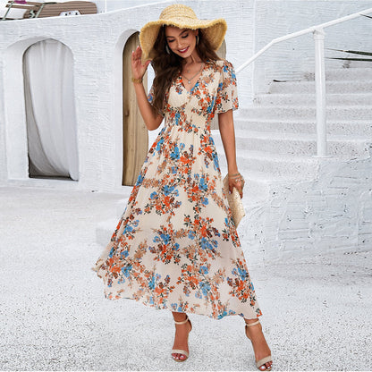 Floral Print Waist-Defining Short Sleeve Dress