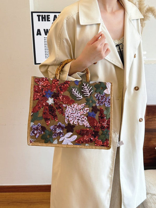 Chic Sequined Embroidered Floral Tote Bag for Women
