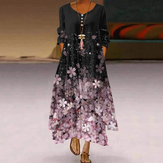 Women'S Pocket Hem Printed Round Neck Irregular Long Sleeve Dress