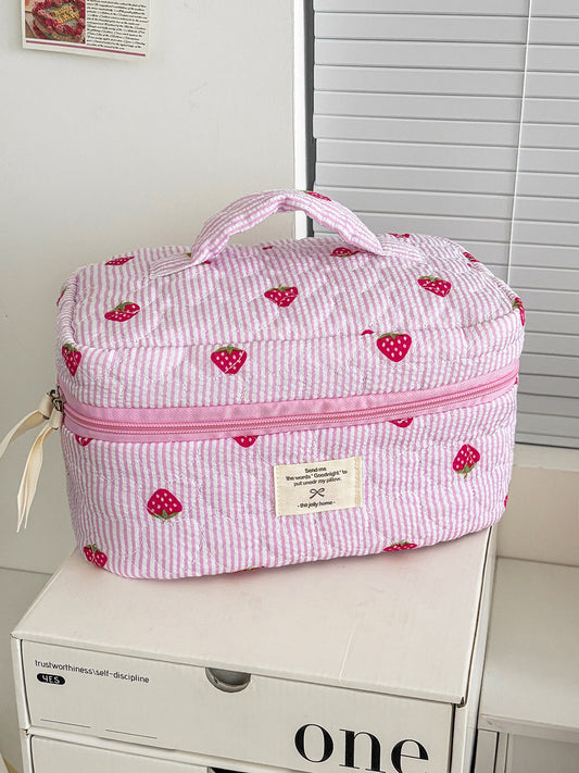 Strawberry Striped Pink Makeup Bag Quilted Large Capacity Portable Cosmetic Case