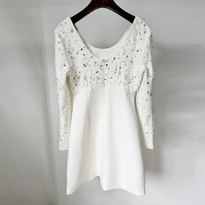 Long Sleeve U-Neck Sequin Dress Elegant Mini Cocktail Dress