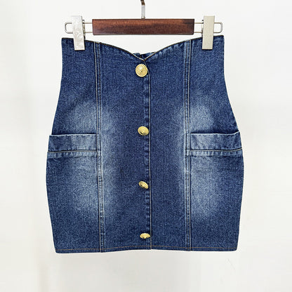 Trendy Tailored Double-Breasted Denim Blazer