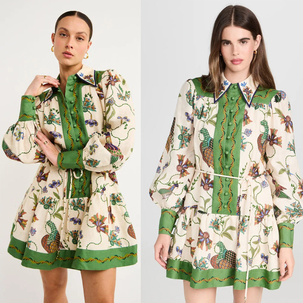 Fall/Winter New Long Sleeve Printed Lapel Dress Loose Lace-Up Casual Dress