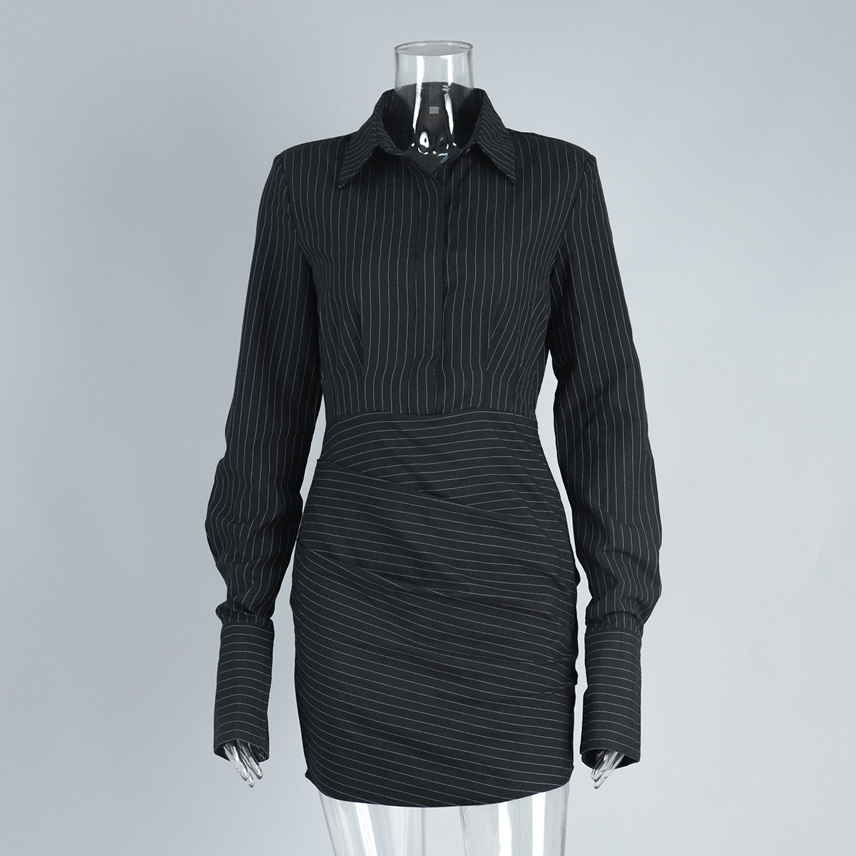 Striped Long Sleeve Shirt Dress Slim Fit Mini Dress