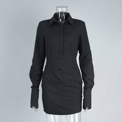 Striped Long Sleeve Shirt Dress Slim Fit Mini Dress