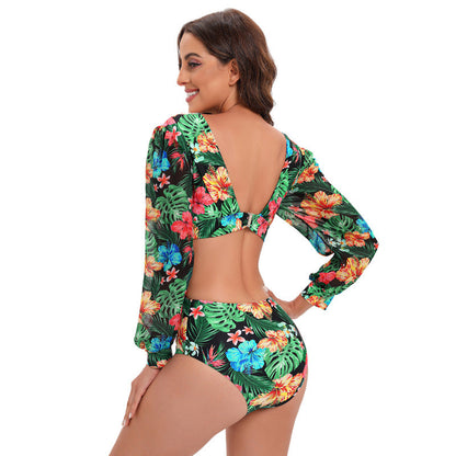Swimsuit Backless Long-Sleeved One-Piece Swimsuit High Waist Lace-Up V-Neck Swimsuit Women Bikini
