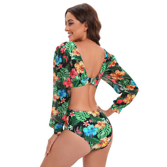 New Open Back Long Sleeved One Piece Swimwear High Waist Lace Up V-Neck Swimwear For Women Bikini