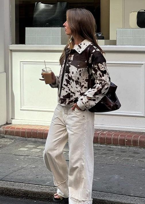 Cow Print Polyester Jacket With Chest Pockets