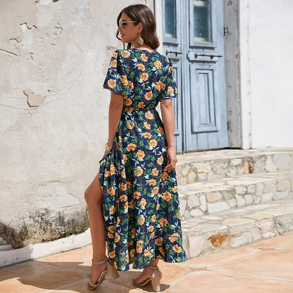 Stylish New Short Sleeve V-Neck Lace-Up Dress Seaside Resort Dress