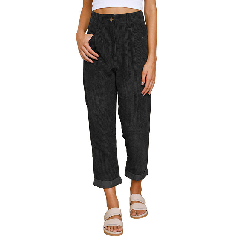New Women'S High Waist Casual Pants Solid Color Loose Straight Corduroy Pants