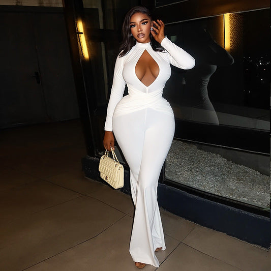 Sexy Hollow Out Solid Color Flare Jumpsuit Casual Streetwear