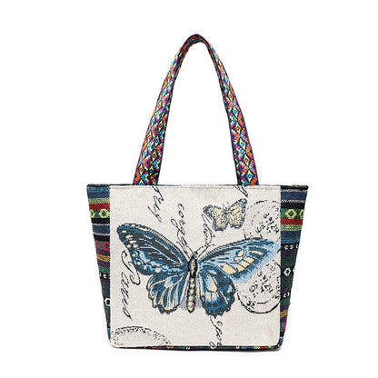 Tote Bag Women'S Bag Going Out Canvas Bag Double-Sided Casual Embroidery Large-Capacity Handbag Ethnic Style Small Square Bag
