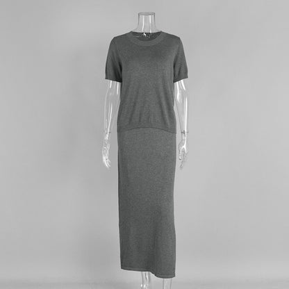 Casual Short Sleeve Knit Skirt Set