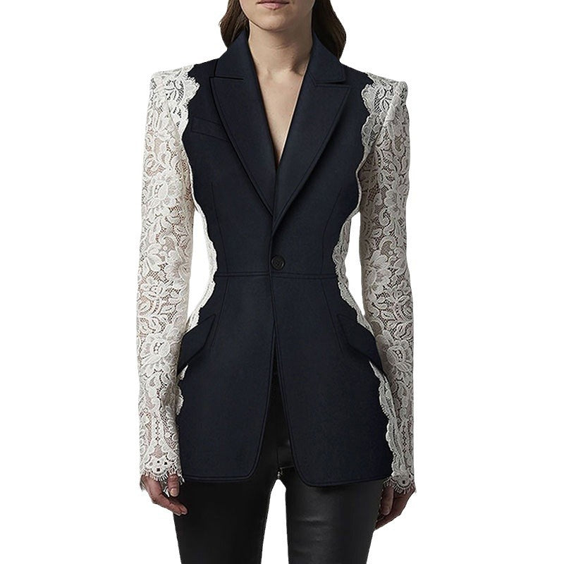 Stylish Color Block Lace Blazer
