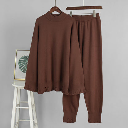 Ripped Sweater Set Women's Casual Knit Pants And Round Neck Sweater