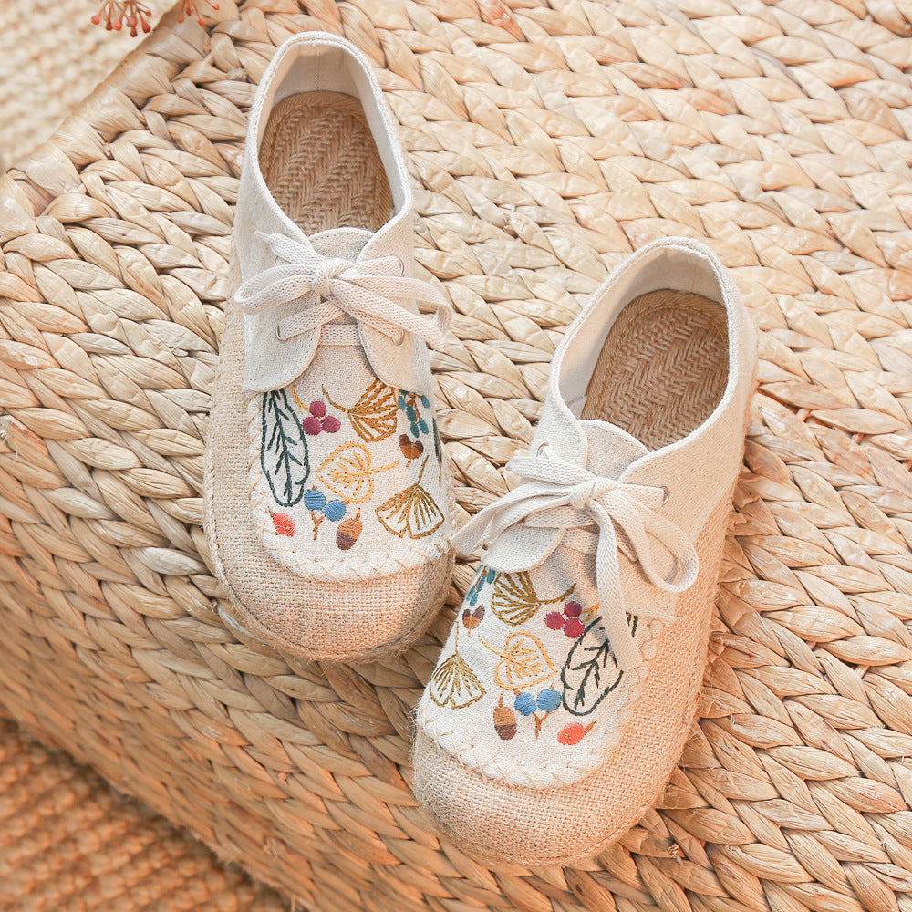 New Autumn Literary Linen Casual Shoes Women'S Ethnic Style Embroidered Lace Up Cotton Linen Cloth Shoes
