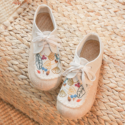 New Autumn Literary Linen Casual Shoes Women'S Ethnic Style Embroidered Lace Up Cotton Linen Cloth Shoes