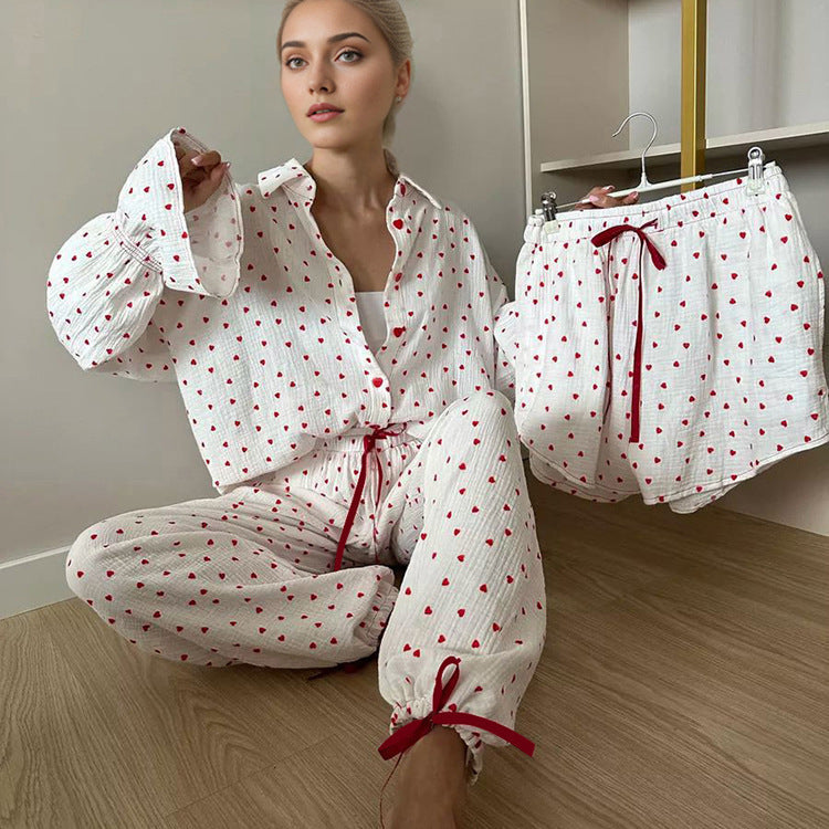 Heart Printed Cotton 3-Piece Set Casual Cardigan with Pants
