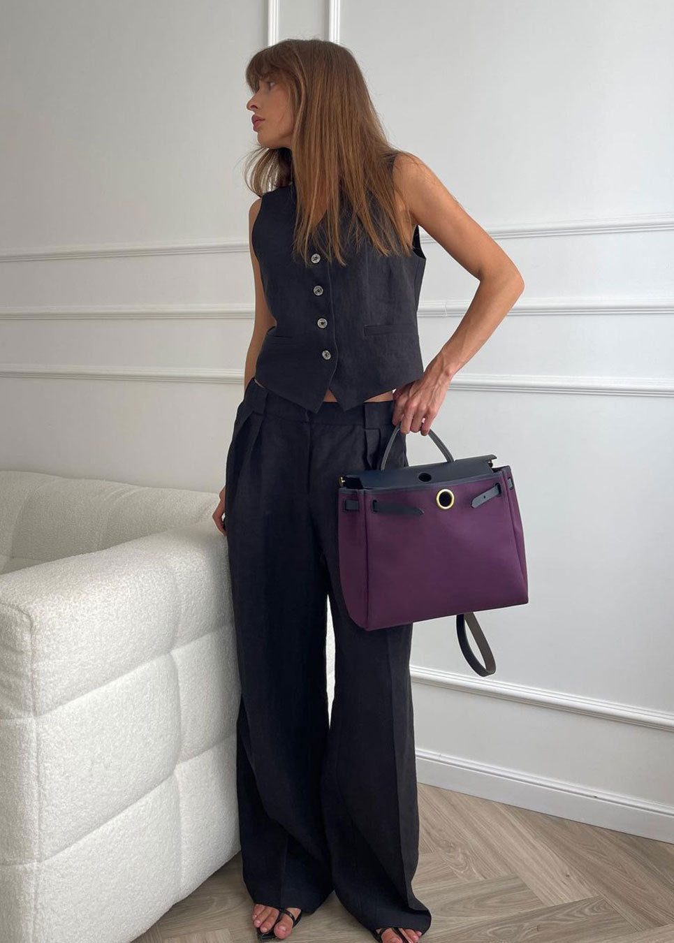 Linen Vest And Wide Leg Pants Set With Tailored Design