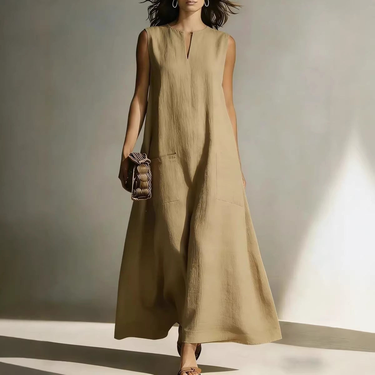 Linen Sleeveless Split Neck Pocket Tent Maxi Dress