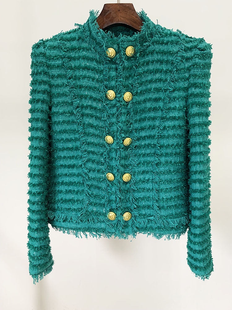 Trendy Fringed Tweed Blazer For Elegant Style