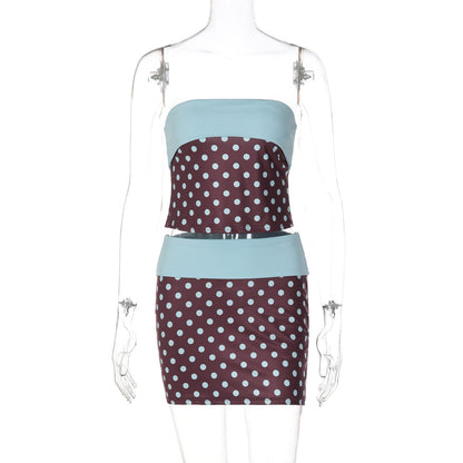 Trendy Polka Dot Crop Top & Color Block Mini Skirt Set